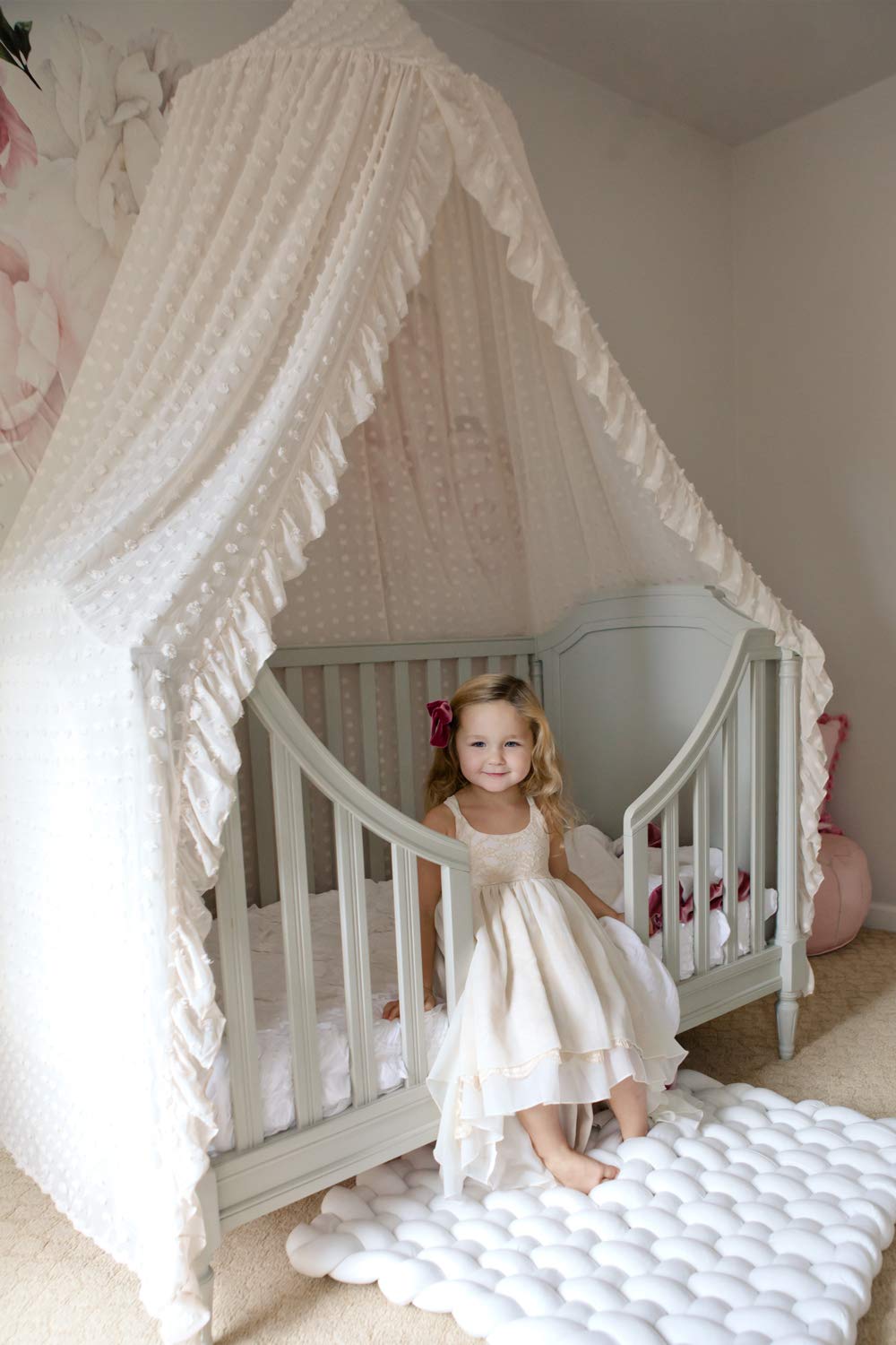 Wonder Space Elegant Kids Bed Canopy - Lace Chiffon Netting with Pom Pom, Princess Girls Fairy Dream Tent, Nursery Room Baby Crib Hanging Curtain Mosquito Net Children Reading Nook Decoration (Beige) - Image 3
