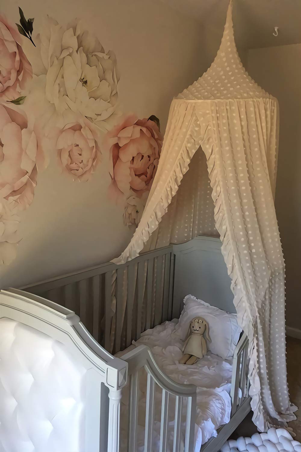 Wonder Space Elegant Kids Bed Canopy - Lace Chiffon Netting with Pom Pom, Princess Girls Fairy Dream Tent, Nursery Room Baby Crib Hanging Curtain Mosquito Net Children Reading Nook Decoration (Beige) - Image 4