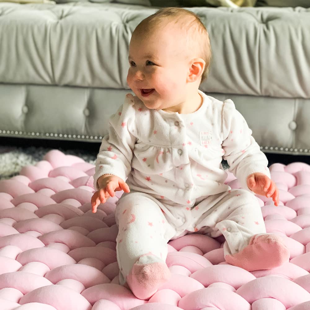 Wonder Space Knotted Braided Plush Mat, Baby Infant Newborn Tummy Time Playing Nursery Rug Knot Floor Cushion, Handmade Pure Soft Fabric, Fashion Cute Toddler Children Room Decor, Pink - Image 4